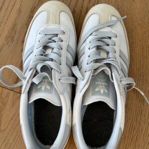 Woman's White and light blue Adidas Samba - Size 7.5